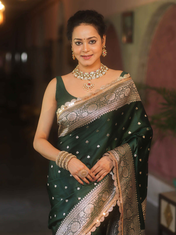 Banarasee Handloom Mashru Silk Saree Zari Border With Lace-Deep Green