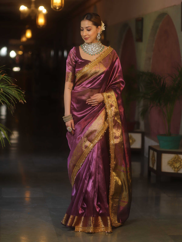 Banarasee Handwoven Plain Tissue Saree With Zari Border & Lace-Plum