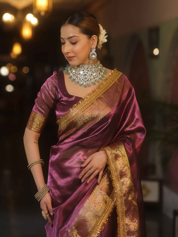Banarasee Handwoven Plain Tissue Saree With Zari Border & Lace-Plum
