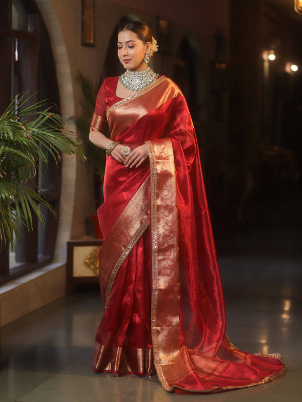 Banarasee Handwoven Plain Tissue Saree With Zari Border & Lace-Red