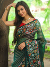 Banarasee Pure Organza Silk Stripe Design Saree With Floral Resham Embroidery-Green