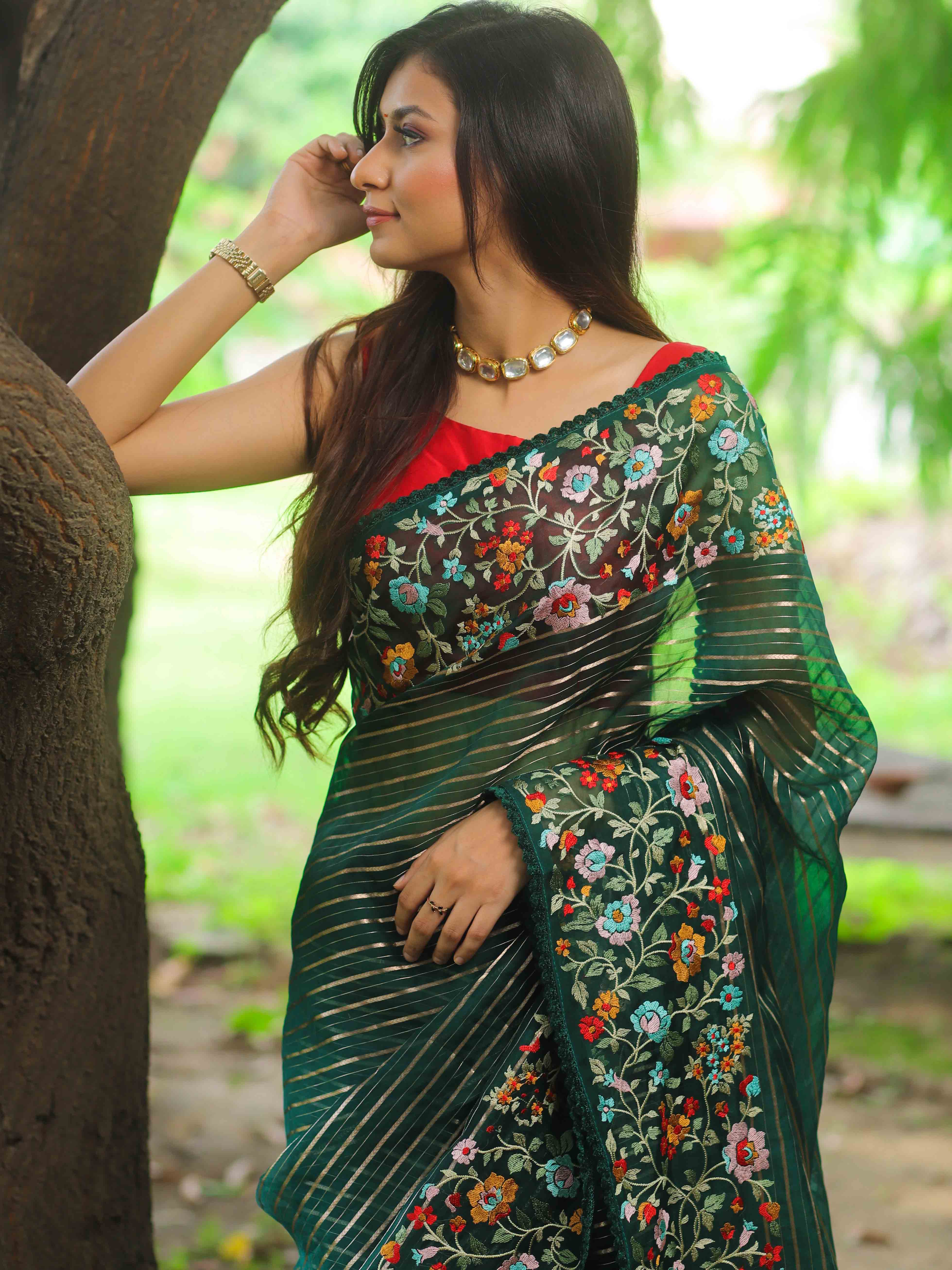 Banarasee Pure Organza Silk Stripe Design Saree With Floral Resham Embroidery-Green