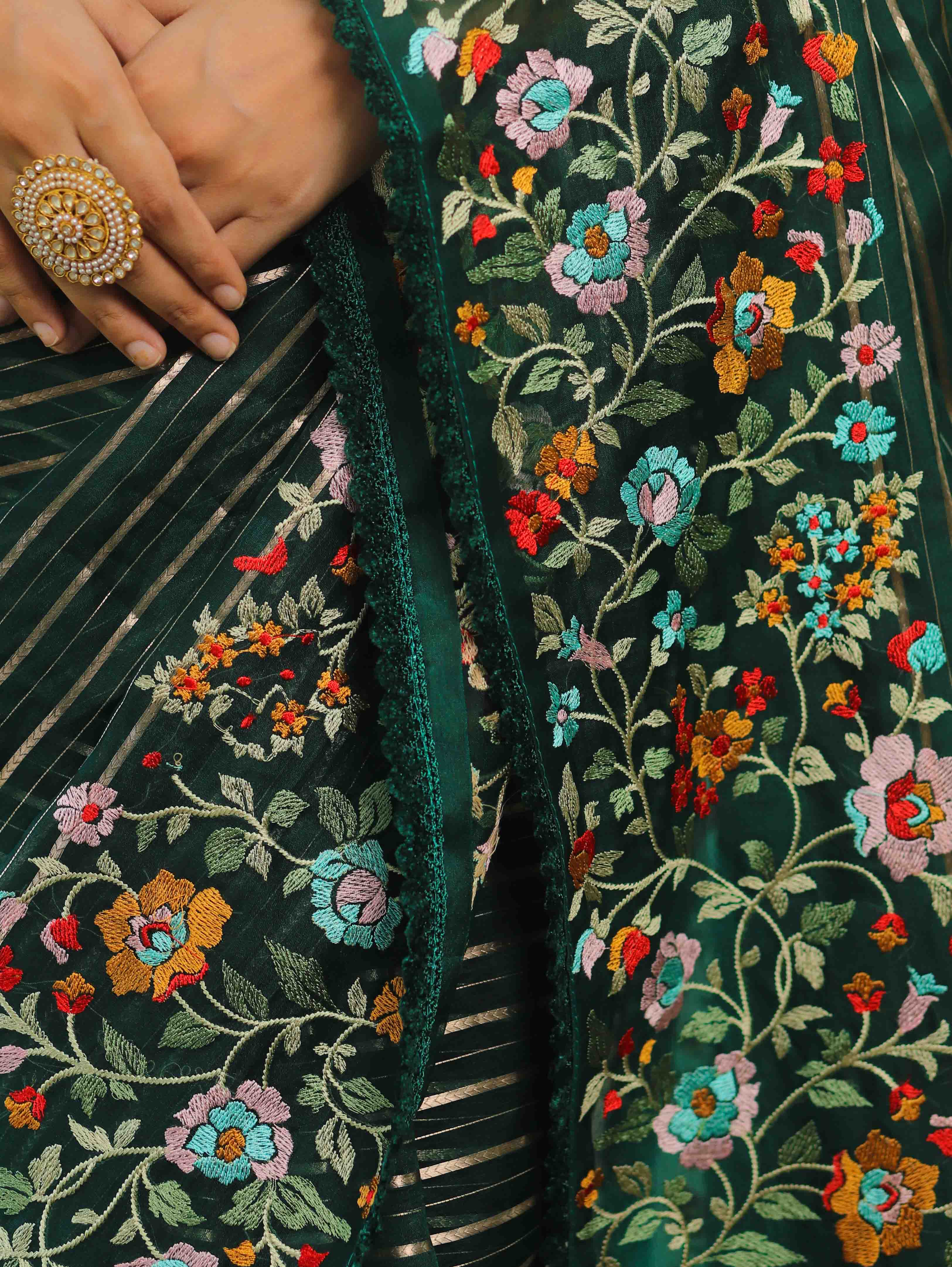 Banarasee Pure Organza Silk Stripe Design Saree With Floral Resham Embroidery-Green