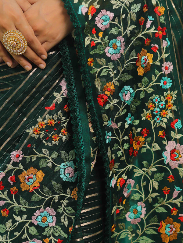 Banarasee Pure Organza Silk Stripe Design Saree With Floral Resham Embroidery-Green