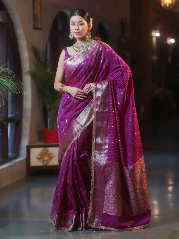 Banarasee Handwoven Semi Muga Zari Saree With Border & Lace-Violet