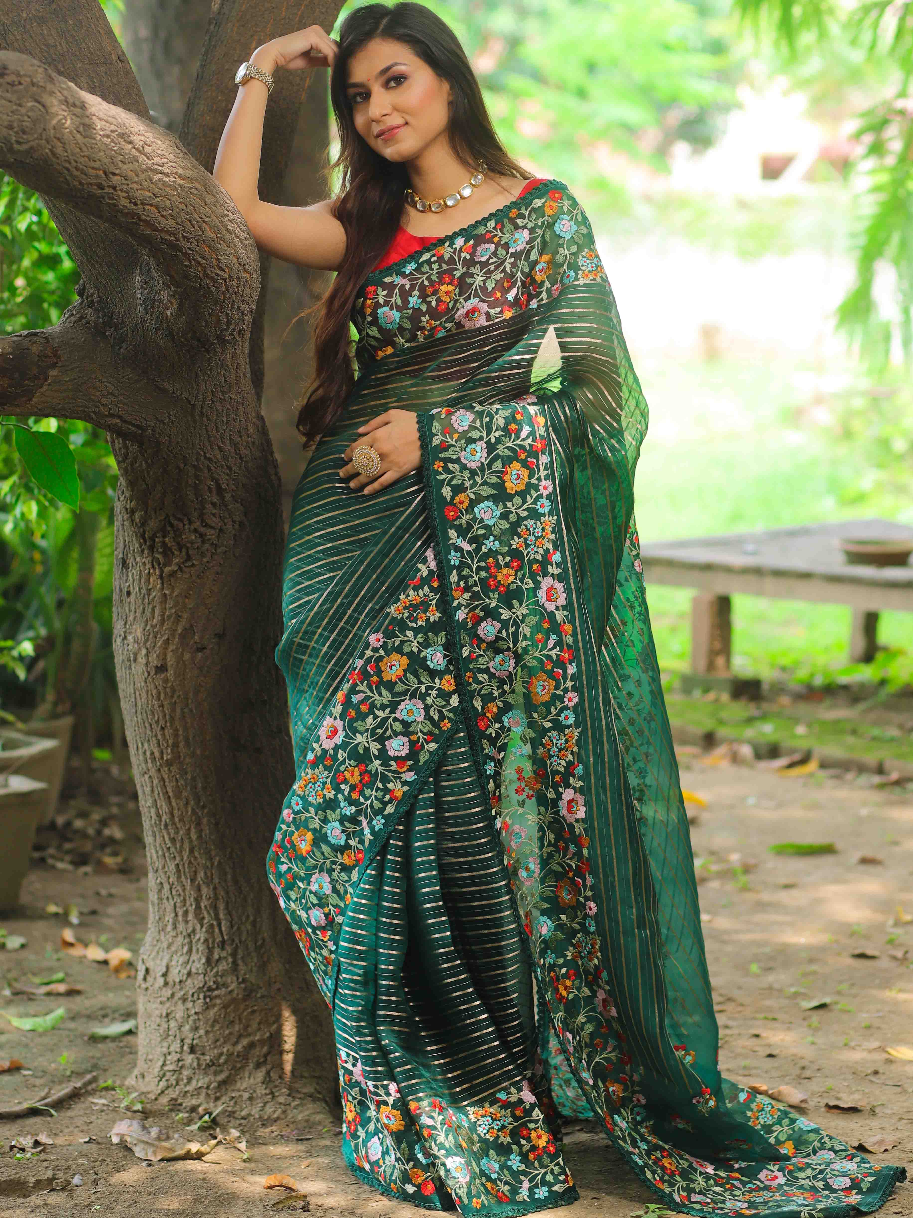 Banarasee Pure Organza Silk Stripe Design Saree With Floral Resham Embroidery-Green