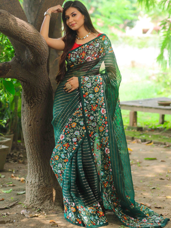 Banarasee Pure Organza Silk Stripe Design Saree With Floral Resham Embroidery-Green