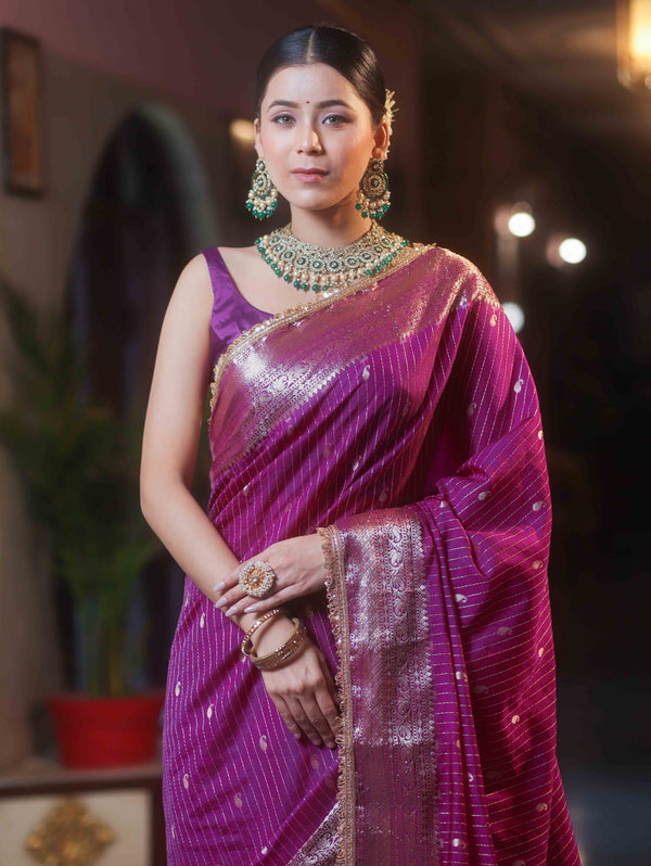 Banarasee Handwoven Semi Muga Zari Saree With Border & Lace-Violet