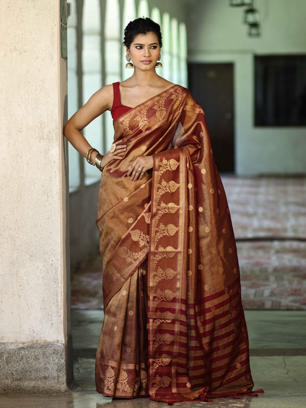 Banarasee Handwoven Soft Tissue Saree With Zari Border & Buti Design-Rust (Dual Tone)