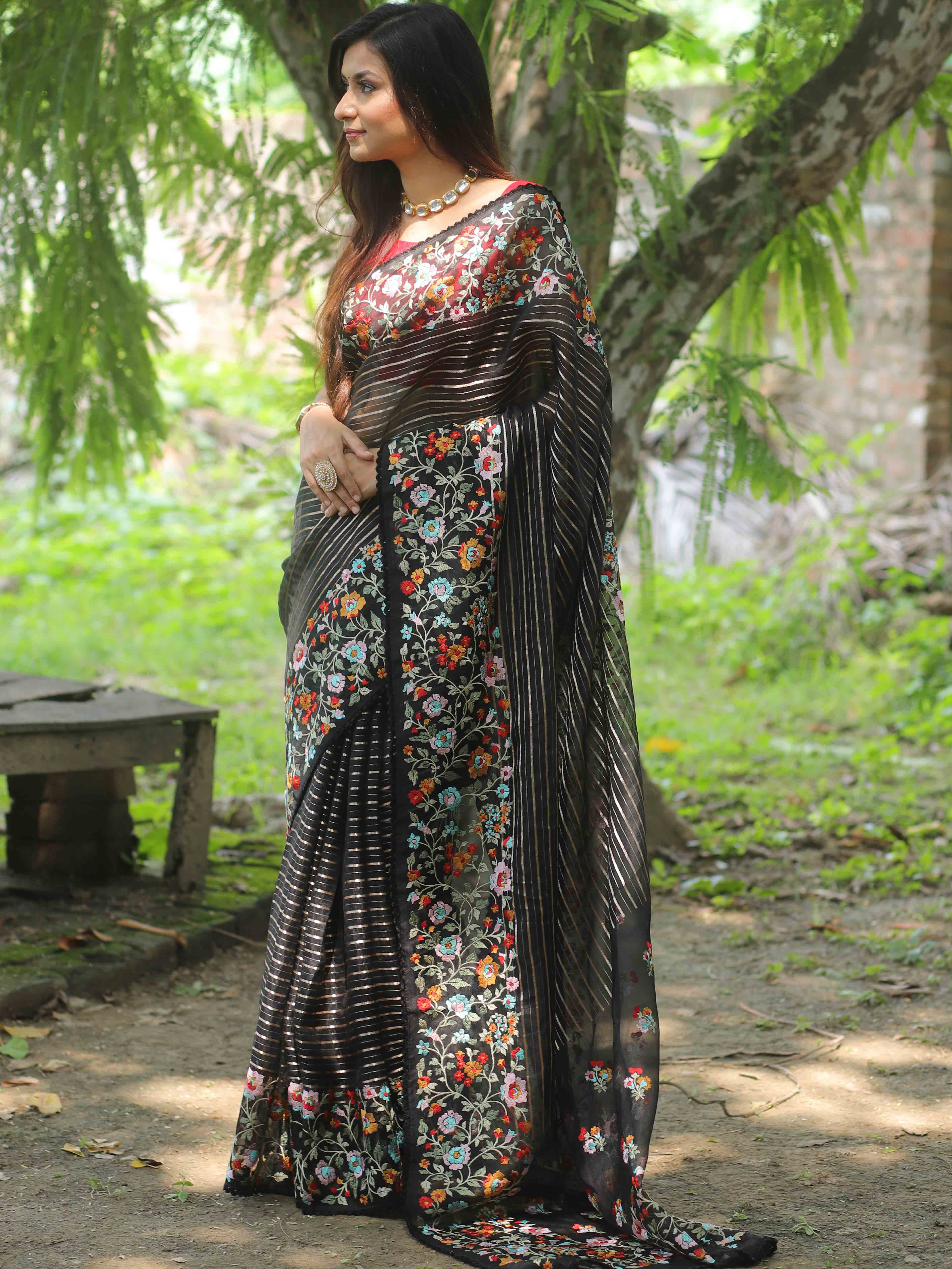 Banarasee Pure Organza Silk Stripe Design Saree With Floral Resham Embroidery-Black