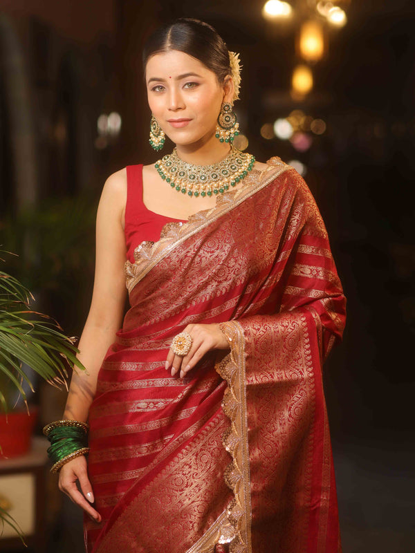 Banarasee Handwoven Semi Silk Saree With Stripes Zari Design & Lace-Maroon