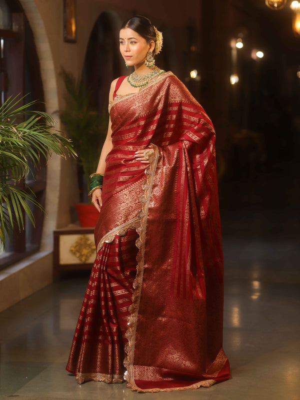 Banarasee Handwoven Semi Silk Saree With Stripes Zari Design & Lace-Maroon