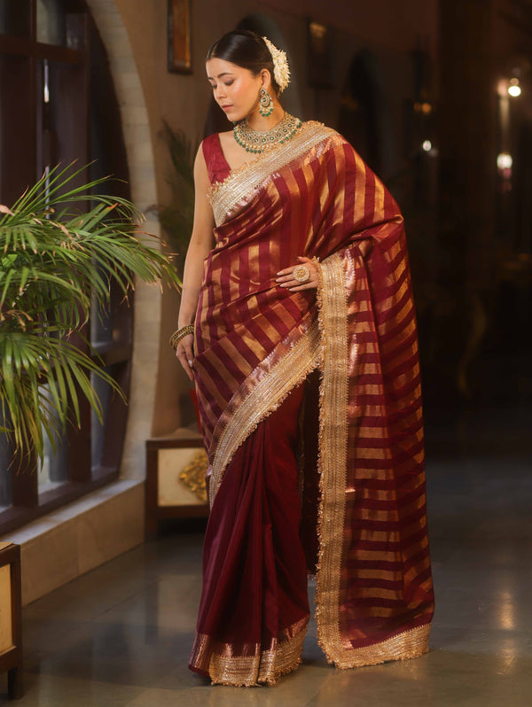 Banarasee Handwoven Semi Silk Saree With Zari Design & Lace-Maroon