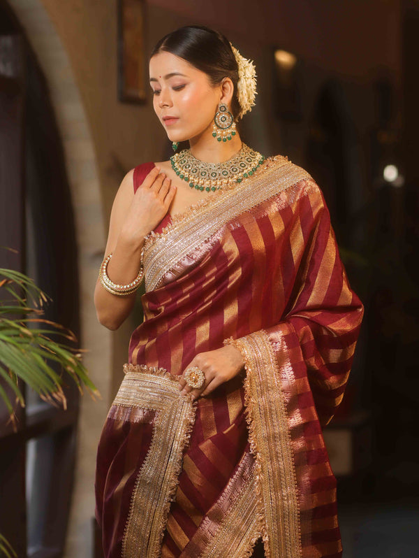 Banarasee Handwoven Semi Silk Saree With Zari Design & Lace-Maroon