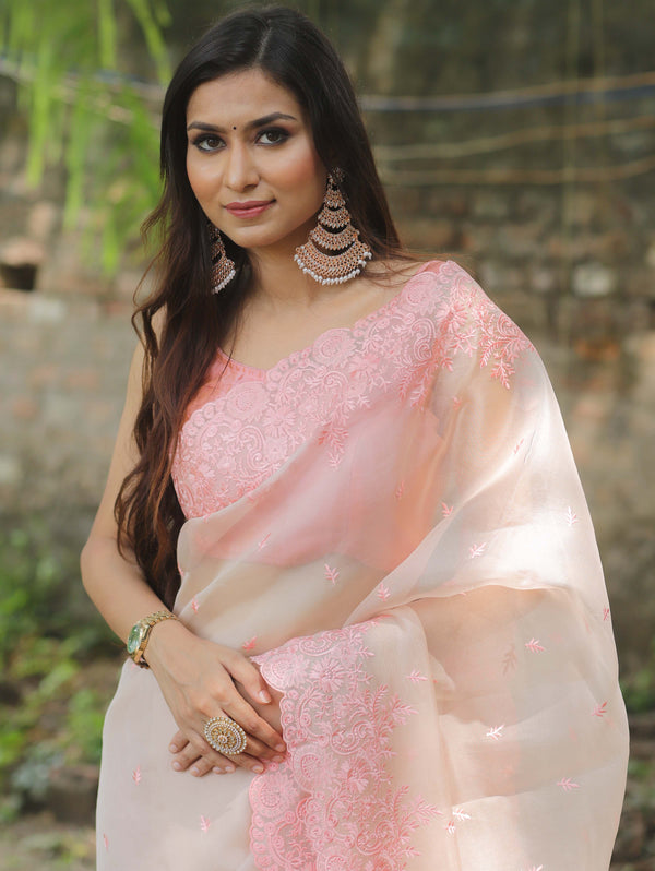 Banarasee Pure Organza Silk Saree With Floral Resham Embroidery-Peach