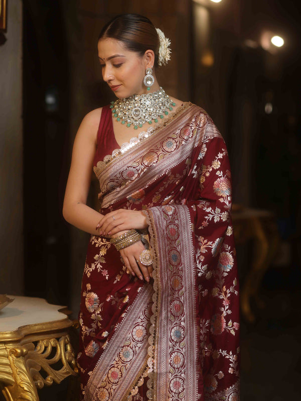 Banarasee Handwoven Semi Katan Saree With Hand Paint Zari Jaal Design & Lace-Maroon