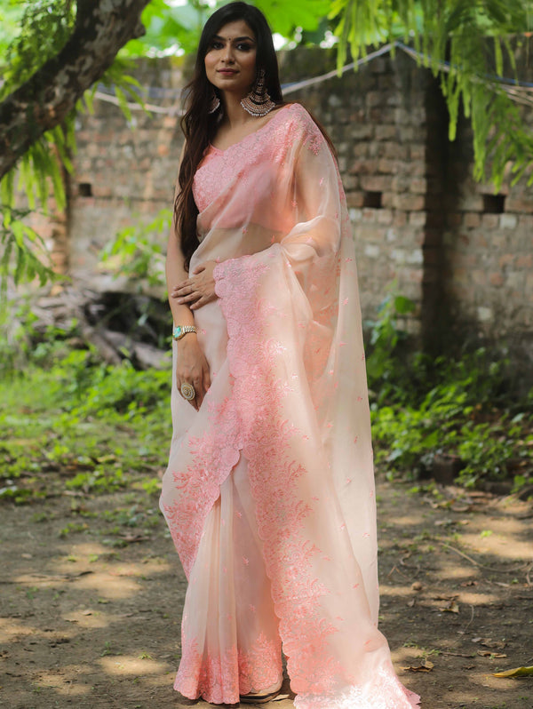 Banarasee Pure Organza Silk Saree With Floral Resham Embroidery-Peach