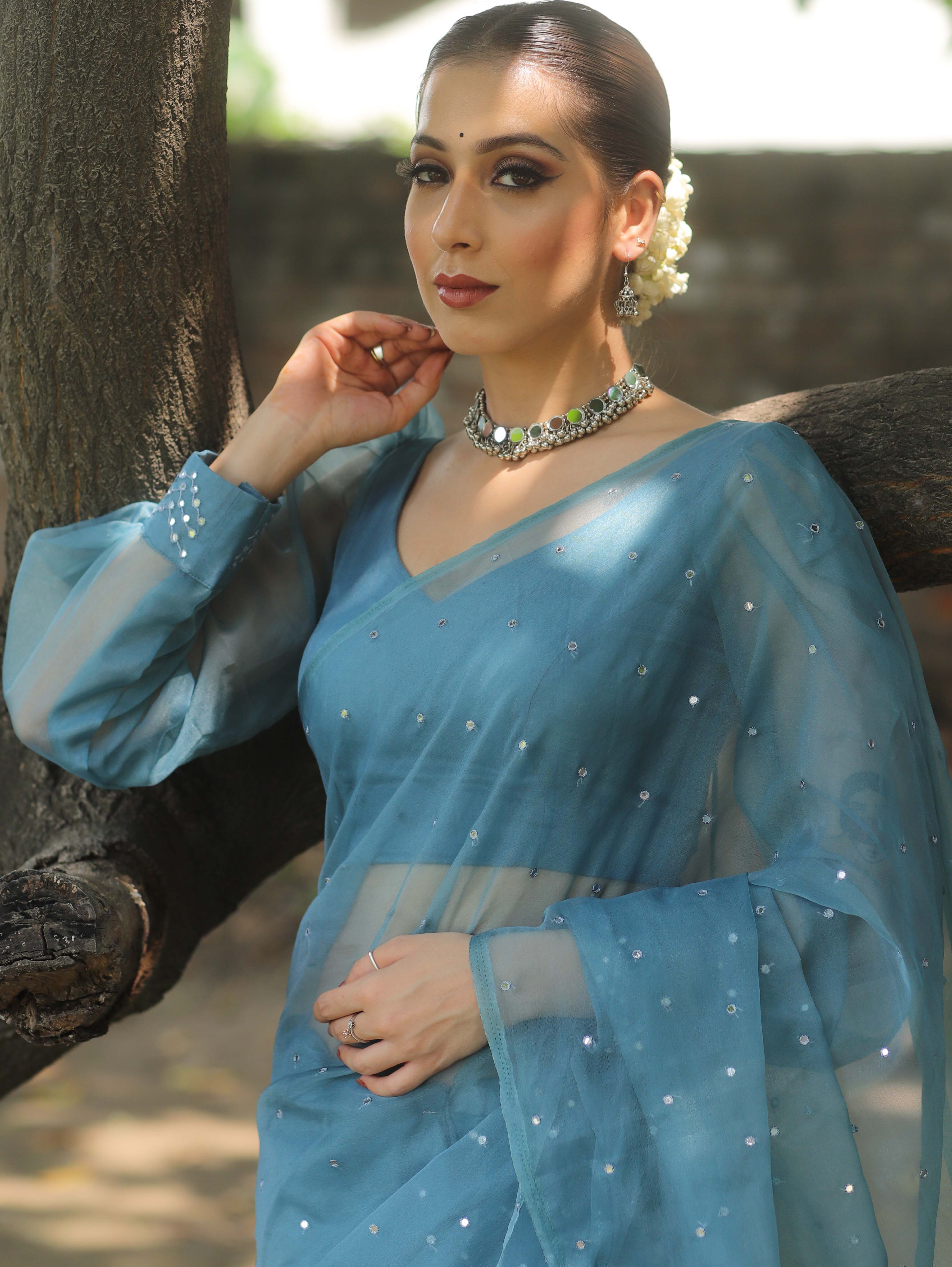 Banarasee Hand-Embroidered Mirror Work Organza Saree With Blouse-Teal Blue