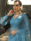 Banarasee Hand-Embroidered Mirror Work Organza Saree With Blouse-Teal Blue