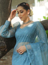 Banarasee Hand-Embroidered Mirror Work Organza Saree With Blouse-Teal Blue