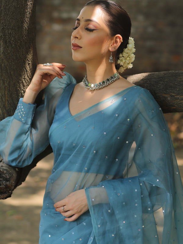 Banarasee Hand-Embroidered Mirror Work Organza Saree With Blouse-Teal Blue