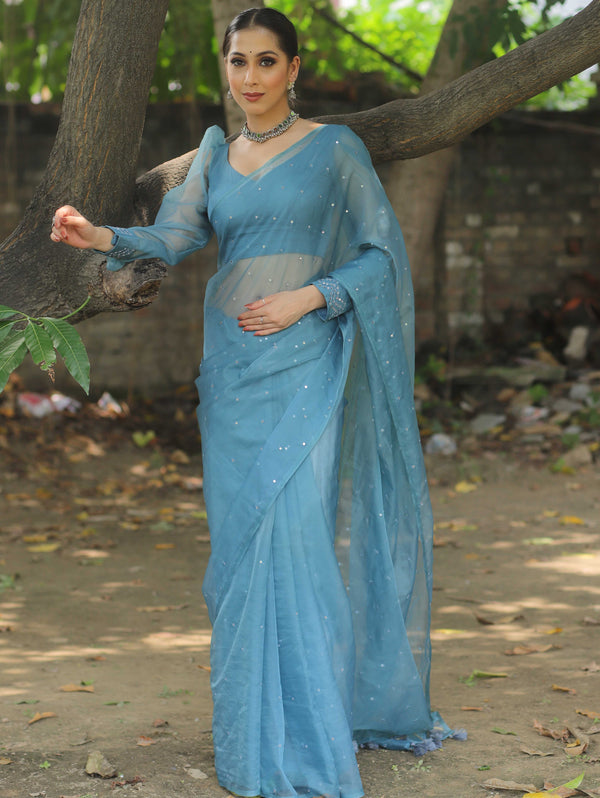 Banarasee Hand-Embroidered Mirror Work Organza Saree With Blouse-Teal Blue