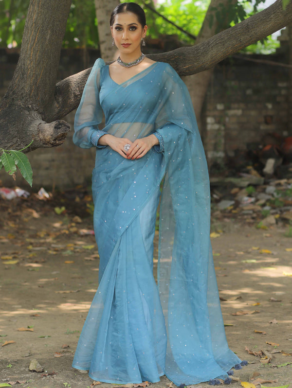 Banarasee Hand-Embroidered Mirror Work Organza Saree With Blouse-Teal Blue