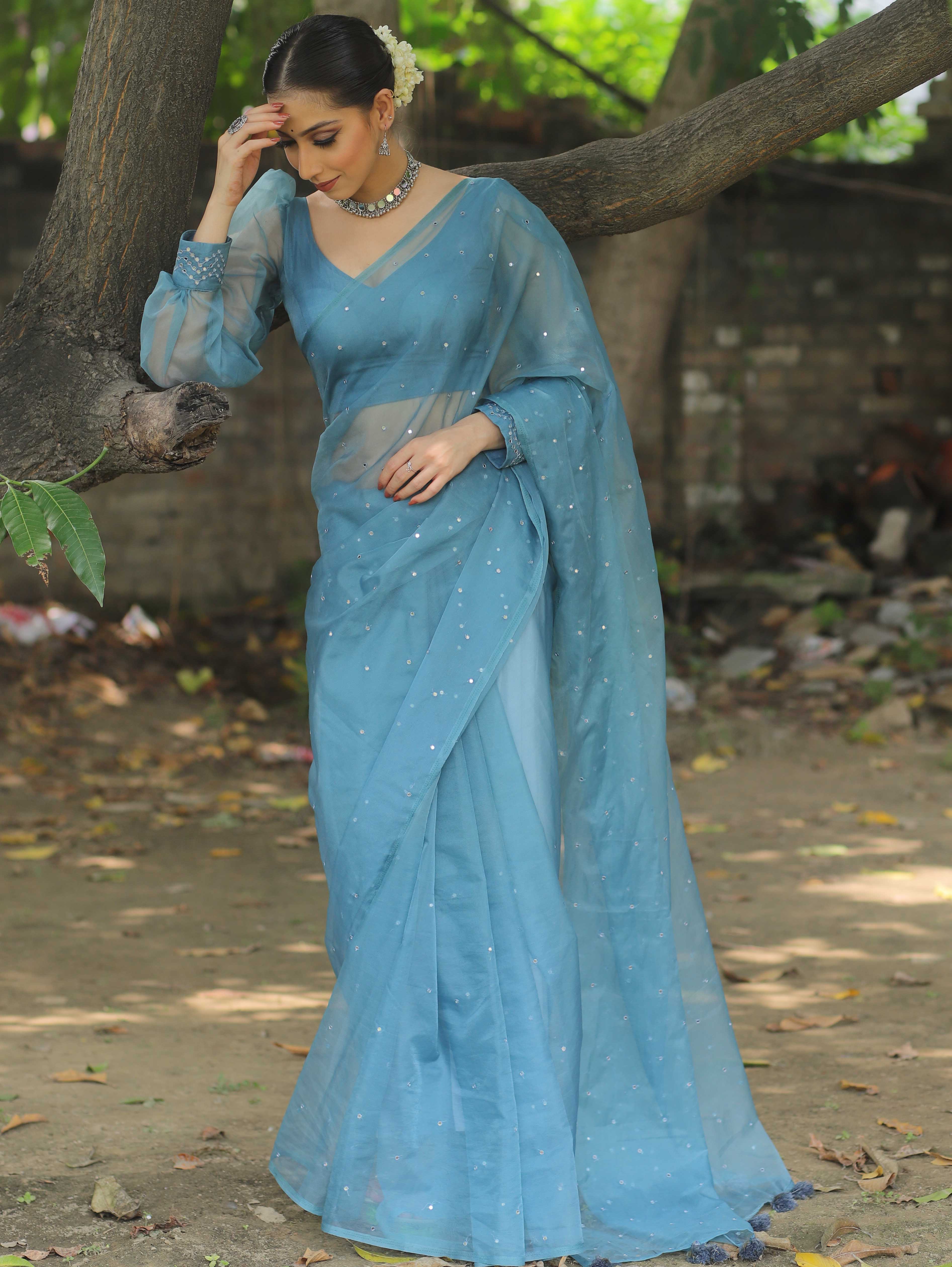 Banarasee Hand-Embroidered Mirror Work Organza Saree With Blouse-Teal Blue