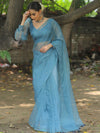 Banarasee Hand-Embroidered Mirror Work Organza Saree With Blouse-Teal Blue