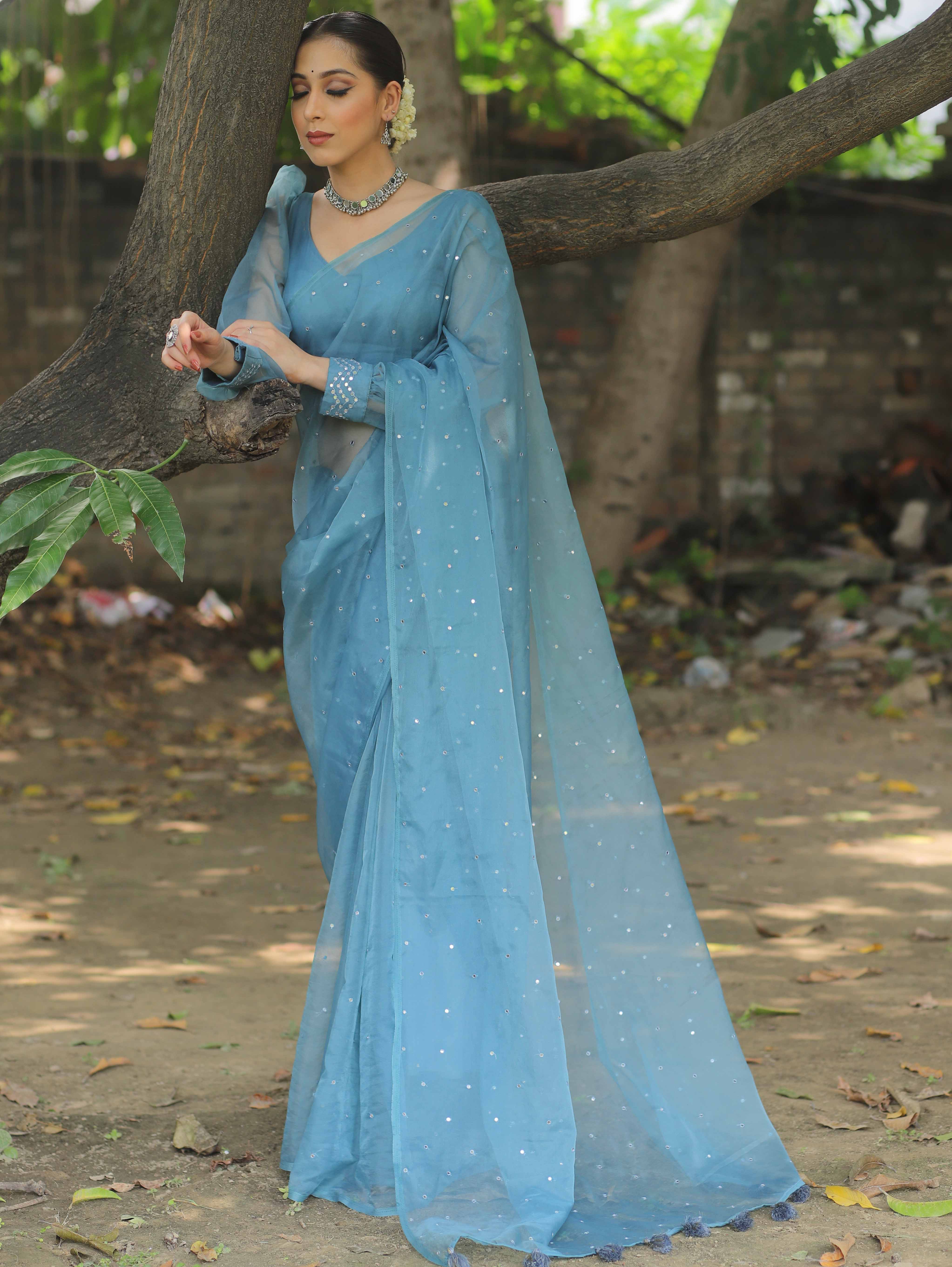 Banarasee Hand-Embroidered Mirror Work Organza Saree With Blouse-Teal Blue