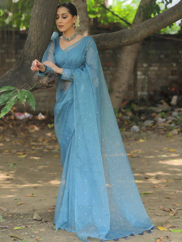 Banarasee Hand-Embroidered Mirror Work Organza Saree With Blouse-Teal Blue