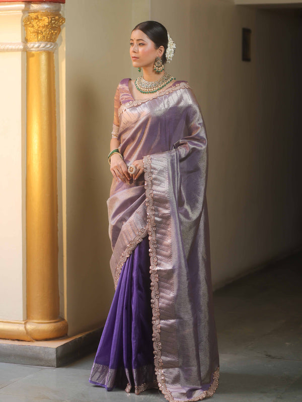 Banarasee Handwoven Plain Tissue Saree With Zari Border & Lace-Purple