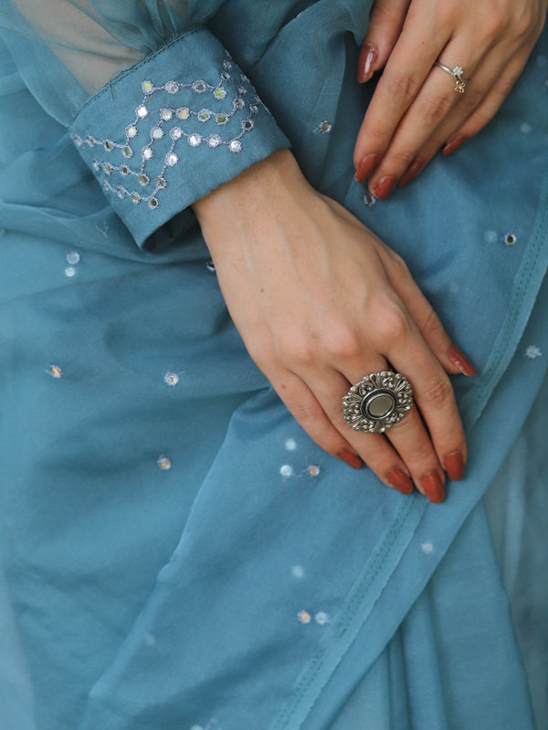 Banarasee Hand-Embroidered Mirror Work Organza Saree With Blouse-Teal Blue