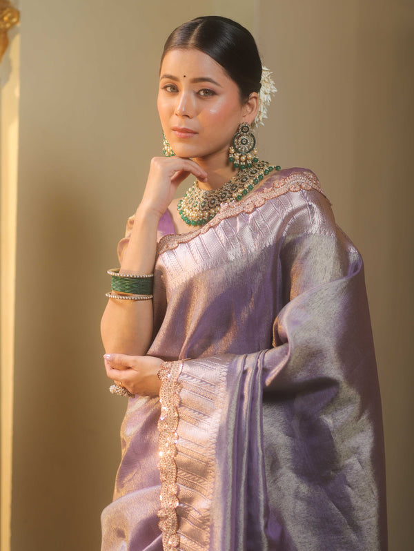 Banarasee Handwoven Plain Tissue Saree With Zari Border & Lace-Purple