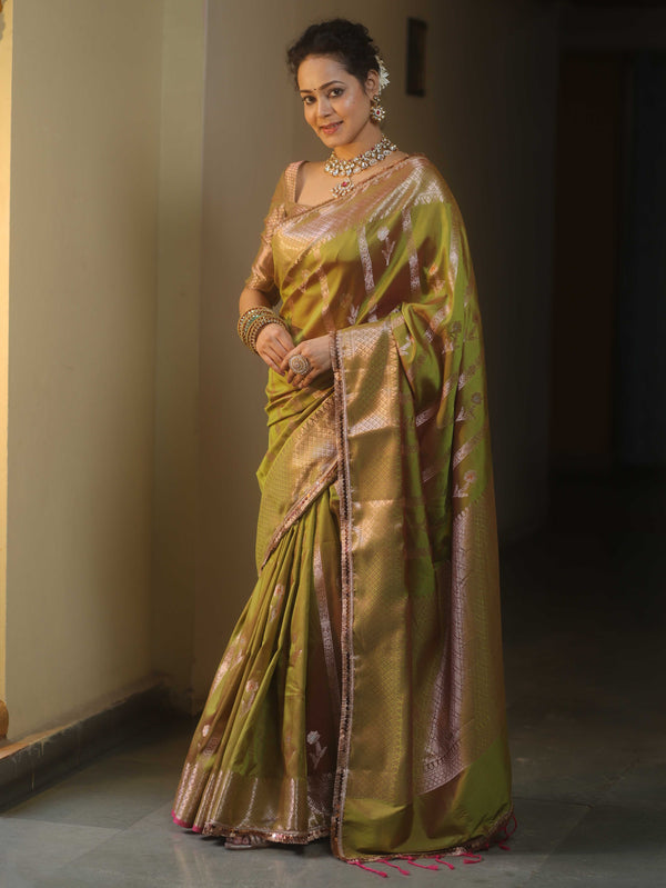Banarasee Handwoven Semi Silk Saree With Zari Buti Design-Olive Green (Dual Tone)
