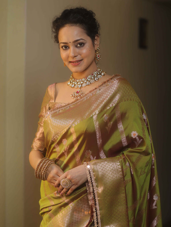 Banarasee Handwoven Semi Silk Saree With Zari Buti Design-Olive Green (Dual Tone)