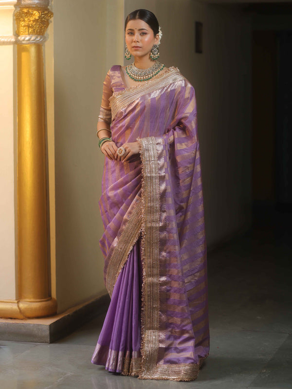 Banarasee Handwoven Semi Silk Saree With Zari Design & Lace-Purple