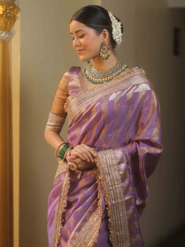 Banarasee Handwoven Semi Silk Saree With Zari Design & Lace-Purple