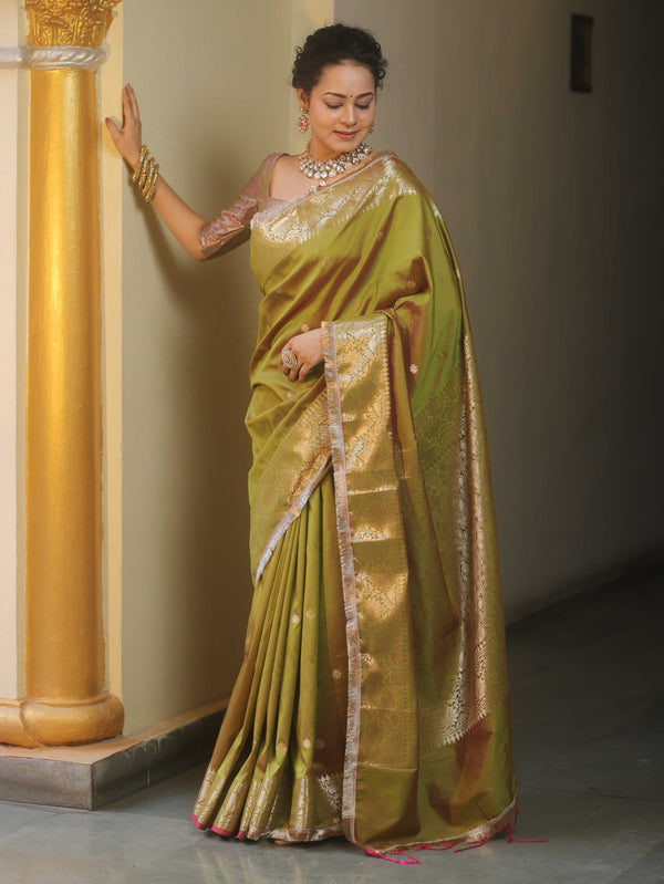 Banarasee Handwoven Semi Silk Saree With Zari Buti Design-Olive Green (Dual Tone)