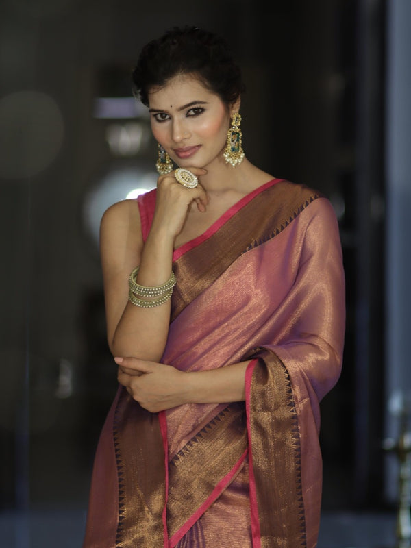 Banarasee Dual Shaded Linen Tissue Saree With Zari Border-Purple