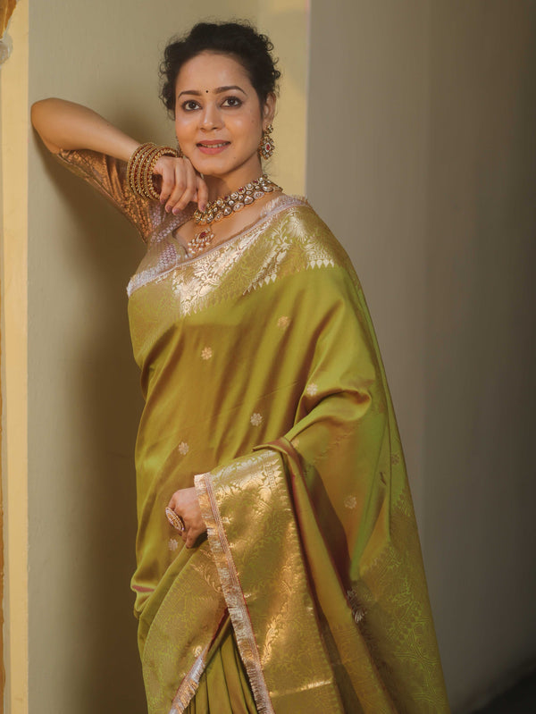 Banarasee Handwoven Semi Silk Saree With Zari Buti Design-Olive Green (Dual Tone)