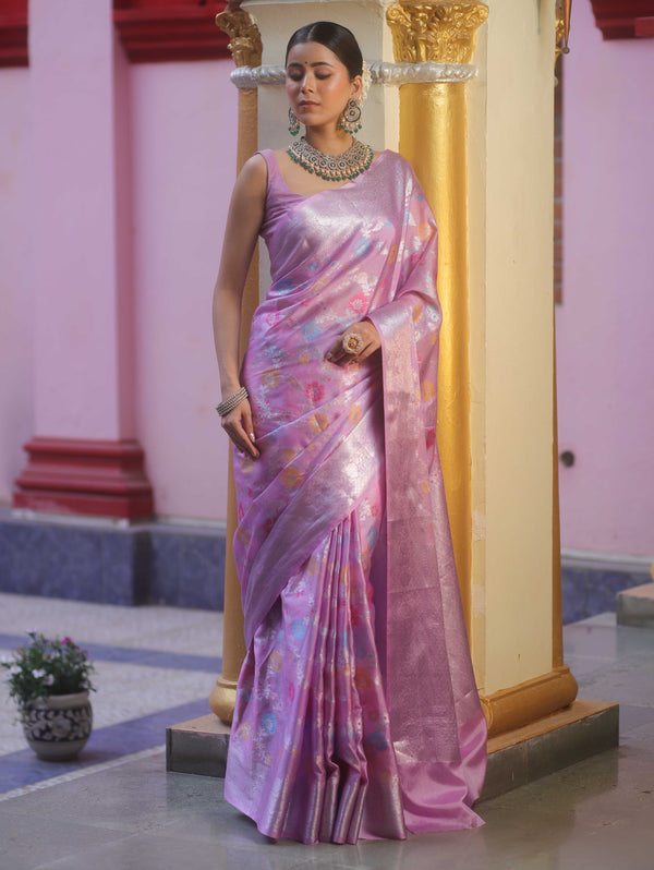 Banarasee Handwoven Semi Silk Saree With Silver Zari & Resham Jaal Design-Lavender