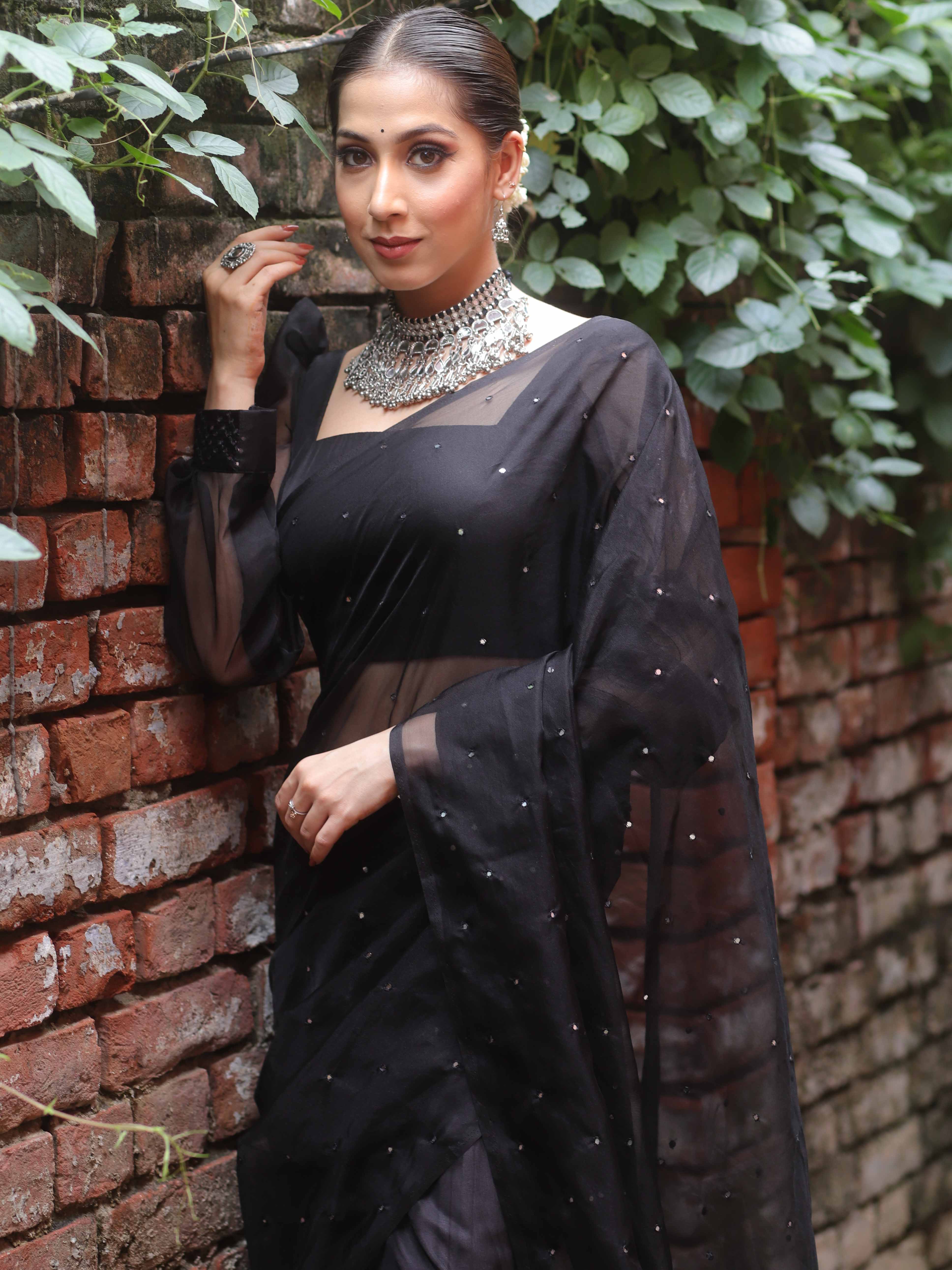 Banarasee Hand-Embroidered Mirror Work Organza Saree With Blouse-Black