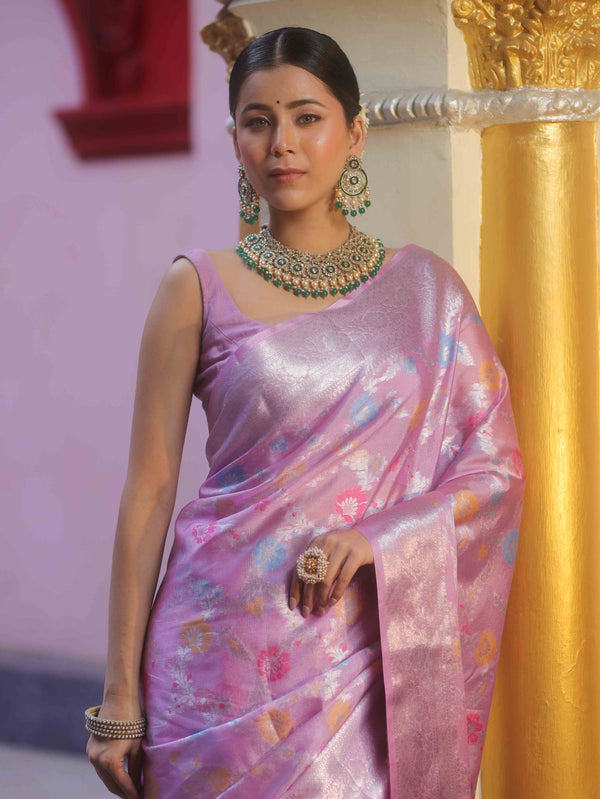 Banarasee Handwoven Semi Silk Saree With Silver Zari & Resham Jaal Design-Lavender
