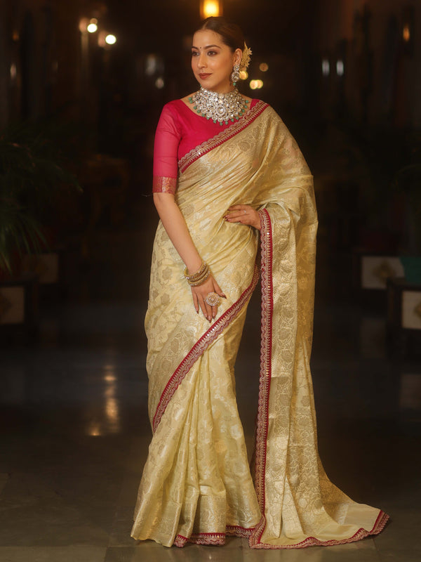 Banarasee Handwoven Georgette Saree Zari Jaal Design With Contrast Lace-Light Yellow