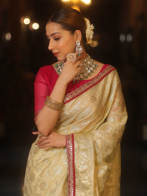 Banarasee Handwoven Georgette Saree Zari Jaal Design With Contrast Lace-Light Yellow