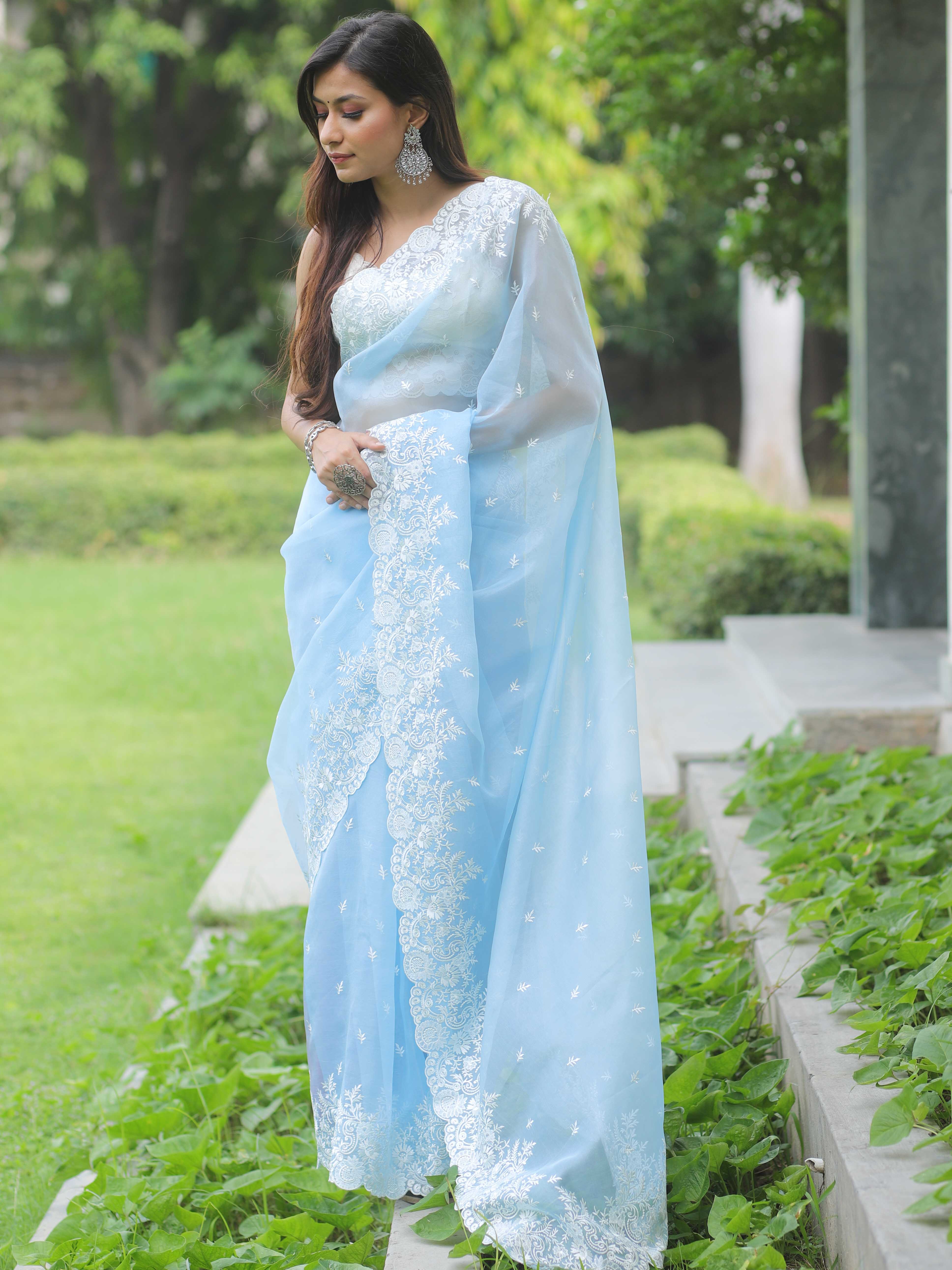 Banarasee Pure Organza Silk Saree With Floral Resham Embroidery-Pastel Blue