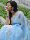 Banarasee Pure Organza Silk Saree With Floral Resham Embroidery-Pastel Blue