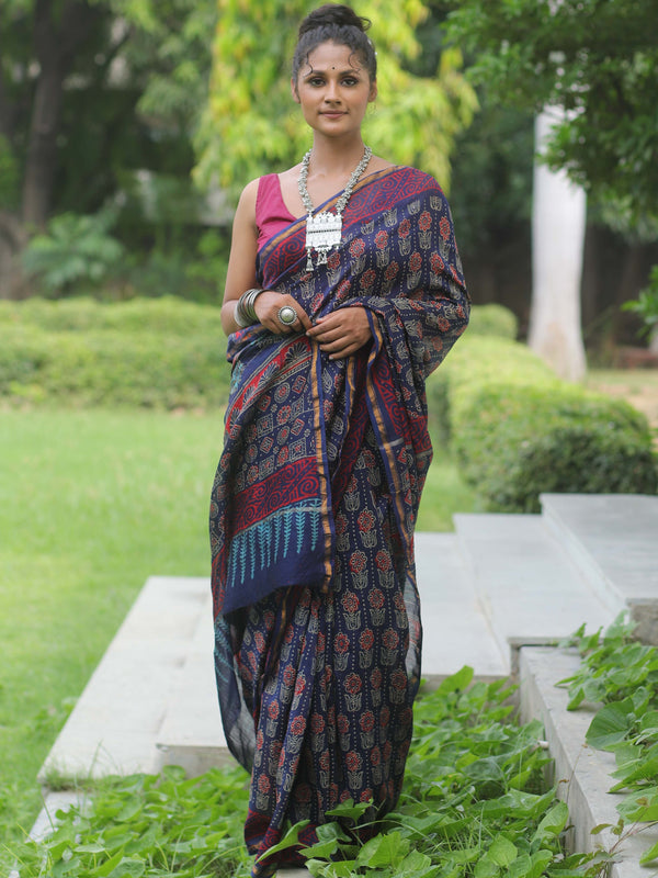 Banarasee Handloom Chanderi Bagru Block Printed Saree-Blue