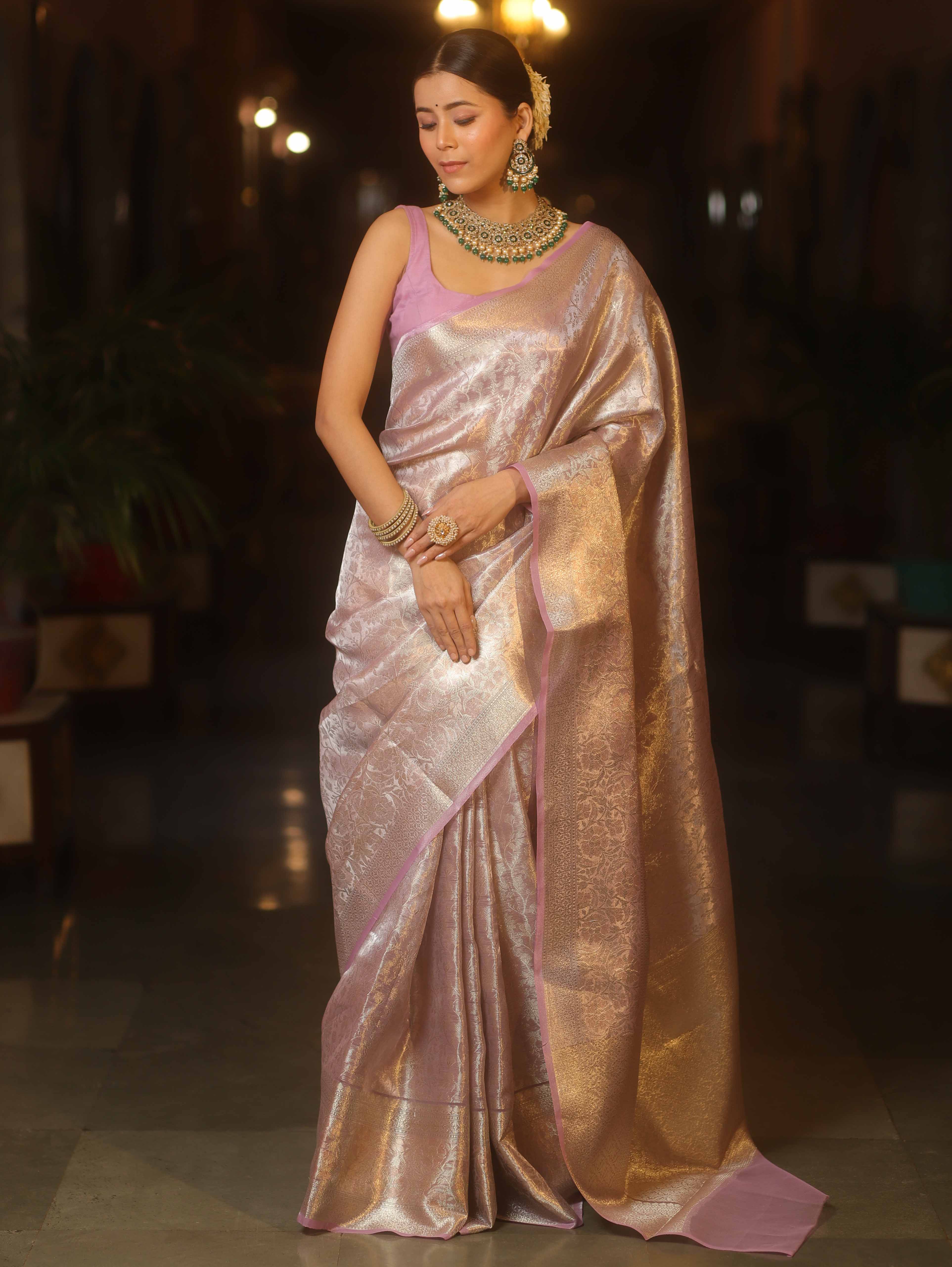 Banarasee Handwoven Sliver Zari Jaal Design Tissue Saree-Lavender